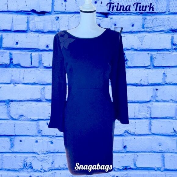 TRINA TURK NWT ENGAGING BELL SLEEVE MESH EMBROIDERY BACK SHEATH DRESS PURPLE 4 - Picture 4 of 12